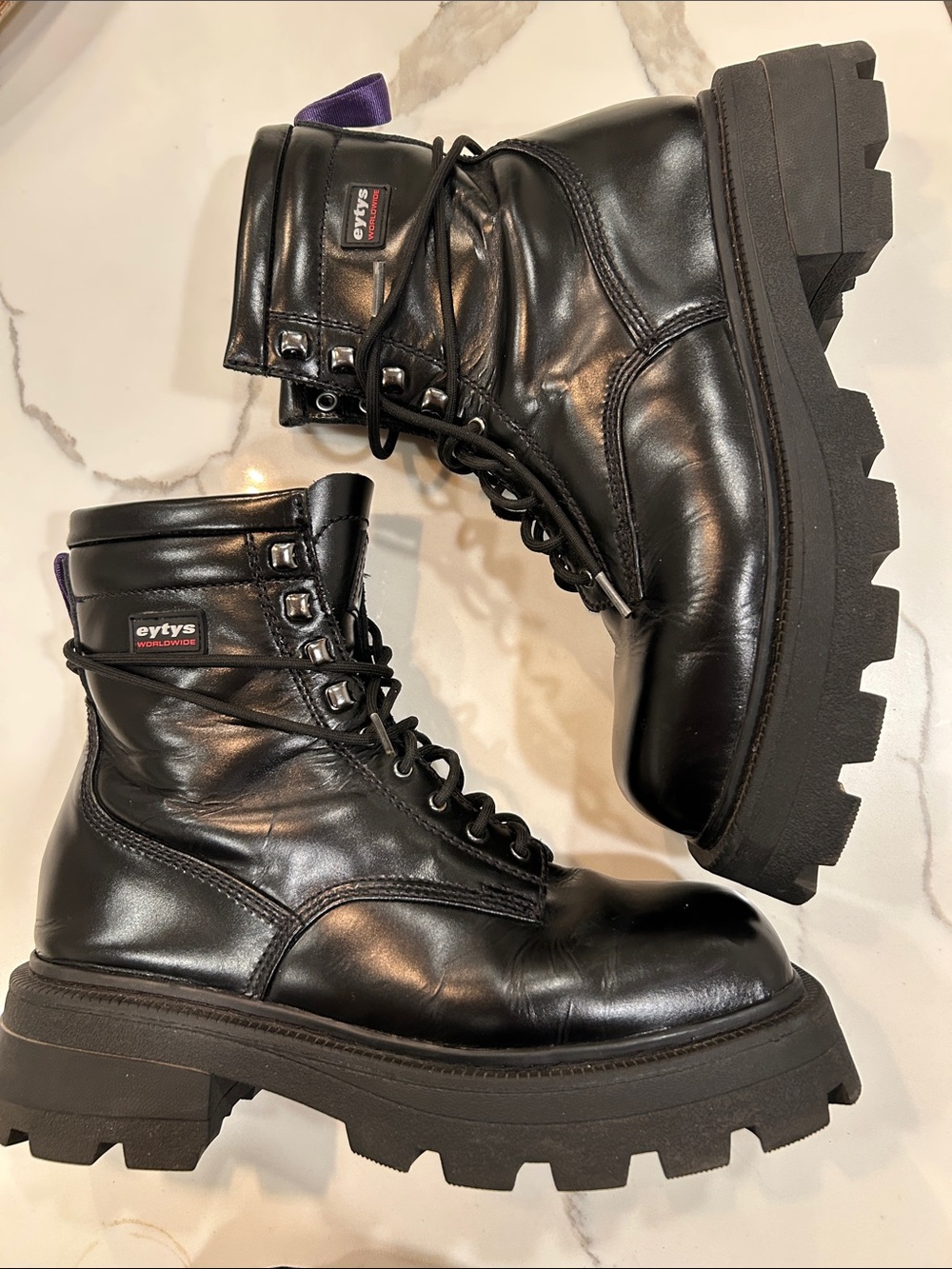 Eytys Black Leather Lug-Platform Lace-Up Boots “Michigan”